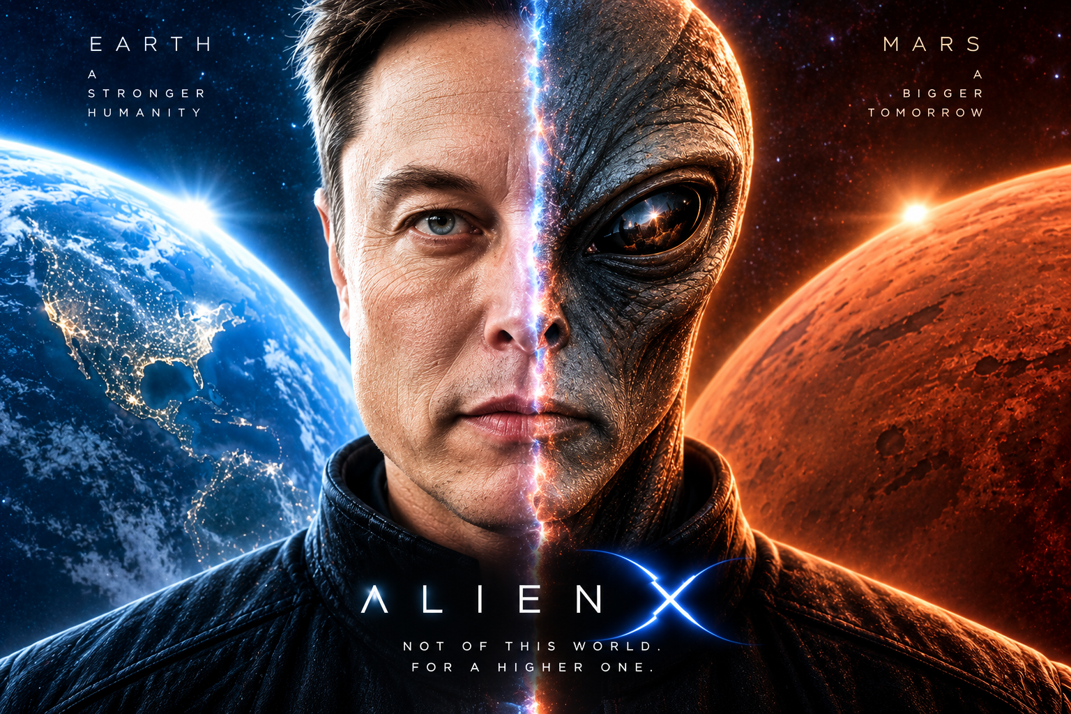 Alien X split identity: half human, half extraterrestrial, framed between Earth and Mars